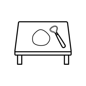 Line art icon showing a potter's workbench with a ball of clay and a carving tool.