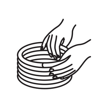 Line art icon depicting hands layering clay coils to build a ceramic vessel.