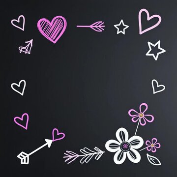 Simple chalkboard doodle with heart star arrow flower decorative elements, white chalk, heart
