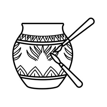 Line art icon showing brushes painting ornate patterns on a ceramic pot.