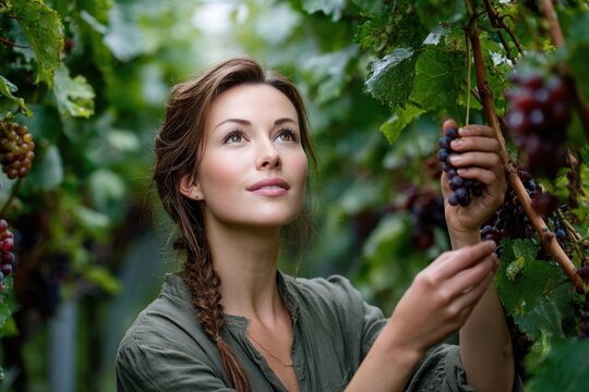 Woman harvests grapes in a lush vineyard on a sunny day surrounded by greenery