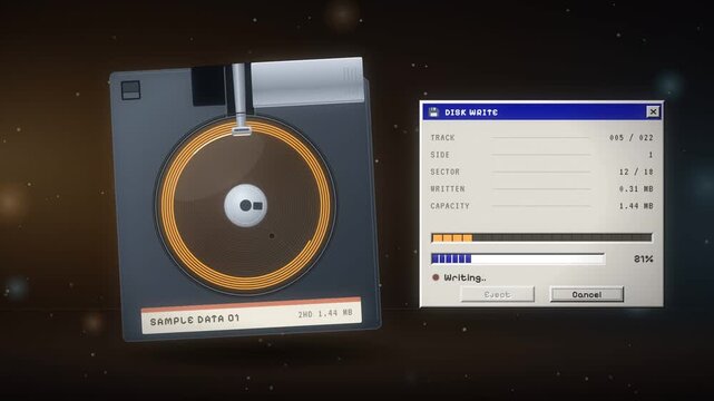 Retro floppy disk writing and verifying data with spinning magnetic disc and progress dialog