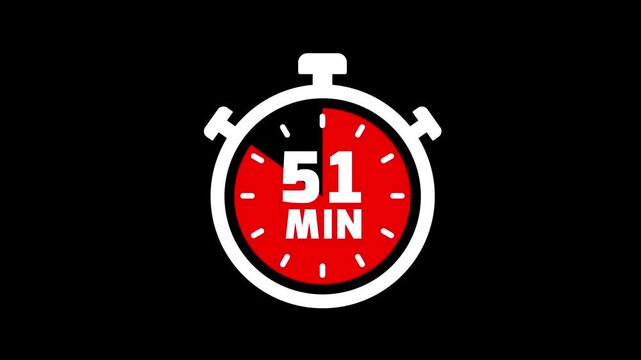 51 minute stopwatch timer animation. 51 minutes timer, stopwatch or countdown video on white background. Timer, clock, stopwatch icon with 51 minute timer animation video.