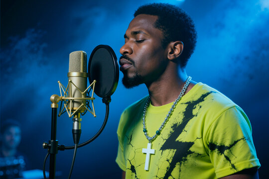 Medium shot of young Black man singing into studio microphone, recording vocal track for music production and audio content. Ideal for entertainment marketing, podcast ads, artist branding