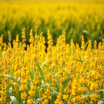 Golden turmeric plants sway gently in the field, yellow flowers, plant rows