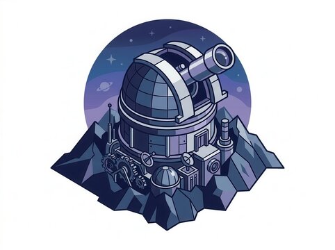 Astronomical telescope dome at mountain observatory surrounded by starry night sky