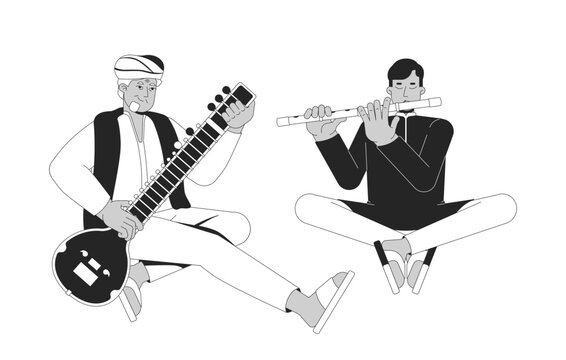 Traditional Indian musicians playing sitar and flute flat line illustration. South Asian men duo performing classical music 2D outline characters isolated. Black and white cartoon vector image