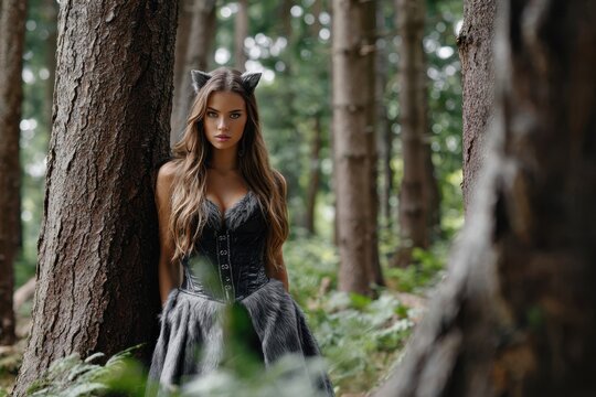 Model in forest wearing wolf costume poses among trees during a sunny day