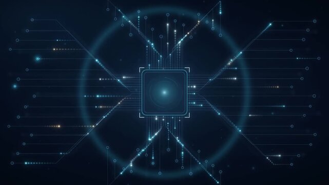 Glowing microchip processor with circuit board data streams and expanding light rings animation