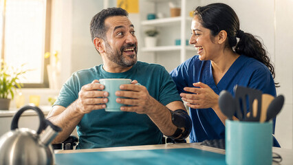 Fototapeta premium A smiling couple share a warm moment at a bright kitchen table, drinking tea and chatting, with a sense of comfort and companionship. Concept: everyday joy, wellness, and home care.