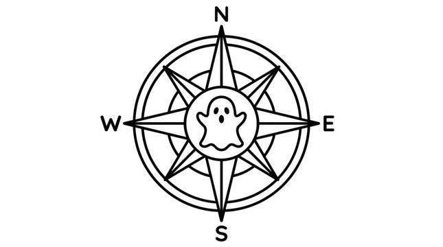 Stylized black and white compass graphic with a cute ghost in the center, isolated on white