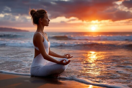 Meditation at sunset on a beach with waves gently lapping the shore
