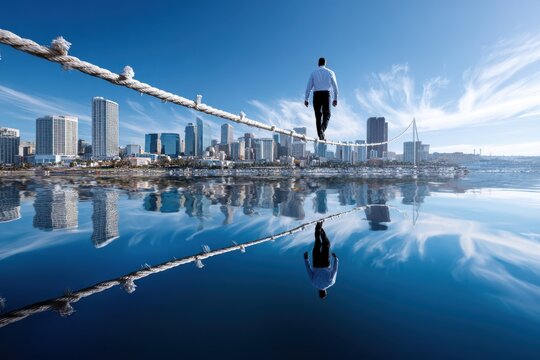 Walking on a tightrope over the water with a city skyline in the background at sunset