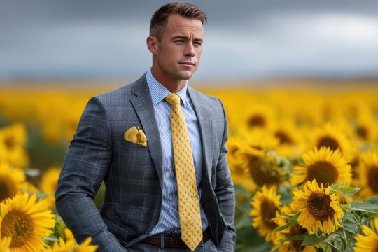 Man in formal attire stands confidently in a sunflower field during early evening hours