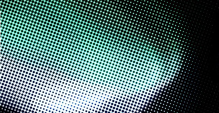 Cyan and black halftone dot pattern with glowing diagonal gradient for retro digital art