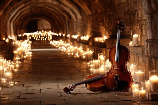 Elegant violin rests on stone floor surrounded by glowing candles in a dimly lit hallway