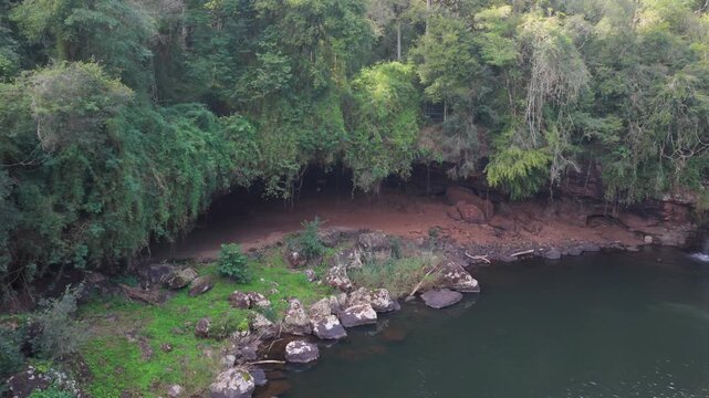 Aerial Landscape of Lush Pool Around Atlantic Forest in Natural Park Municipal Gruta India Argentina Misiones