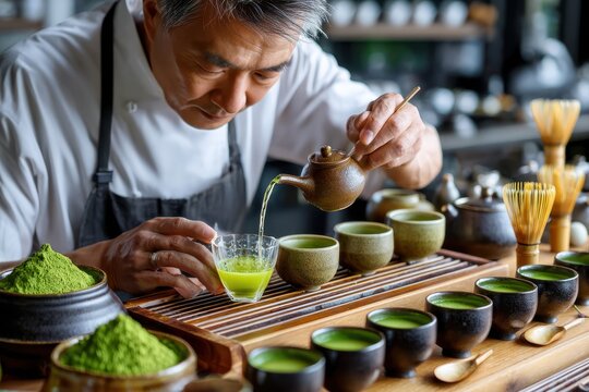 Traditional matcha preparation by a skilled artisan in a serene tea house setting
