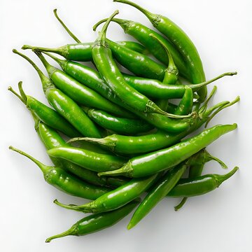 Pile of Fresh Green Serrano Peppers on White Background