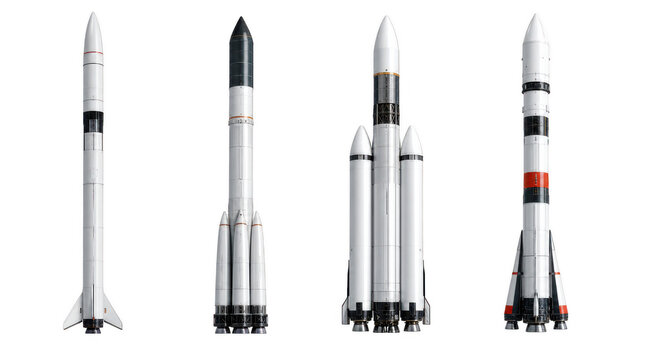 Set of modern space rockets and heavy-lift launch vehicles, concept of space exploration and aerospace technology isolated on transparent background.