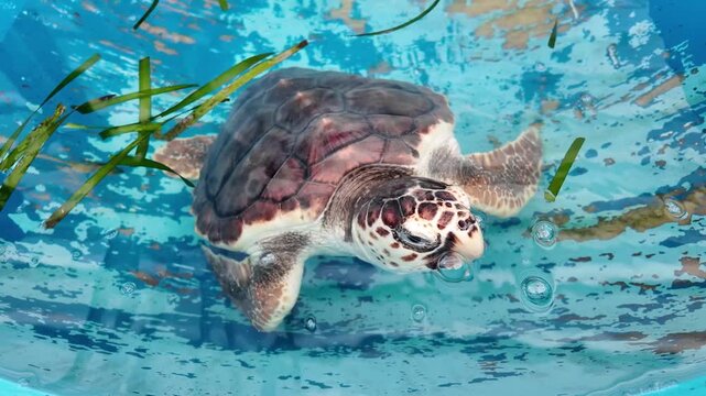 close-up shot young sea turtle hatchling swimming in shallow blue container during rehabilitation effort. Green sea grass floating nearby and subtle water bubbles around flippers