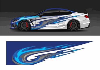 Fototapeta premium White sports car with blue flame decal wrap design