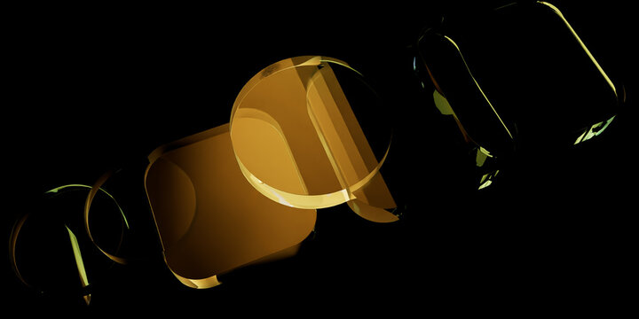 Abstract 3D Render of Floating Translucent Golden and Dark Glass Geometric Slabs and Circular Shapes with Refined Highlights on Black Background