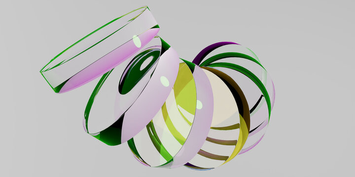 Abstract 3D Render of Spiral Stacked Translucent Glass Discs and Rings with Iridescent Color Refractions on Clean Light Gray Background