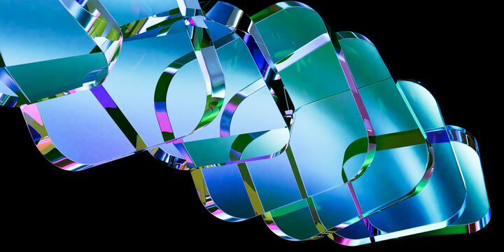 Abstract 3D Render of Sequenced Translucent Blue and Green Glass Slabs and Panels with Holographic Refractions on Black Background