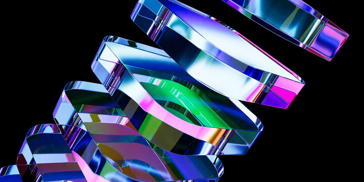 Abstract 3D Render of Floating Diagonal Stack of Translucent Geometric Glass Slabs with Holographic Iridescent Refractions on Black Background