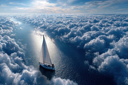 Sailing through clouds over a shimmering ocean on a bright sunny day