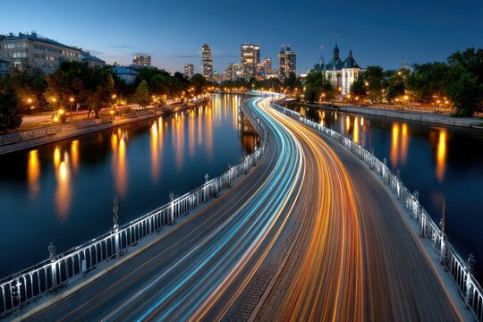 City Bridge with Light Trails at Dusk