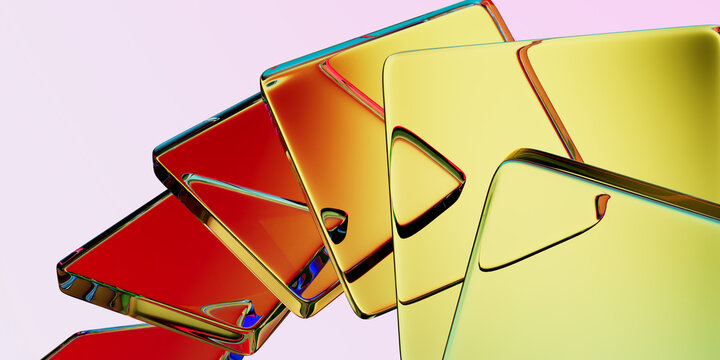 Abstract 3D Render of Diagonal Stack of Glossy Red, Orange, and Yellow Metallic Glass Slabs with Golden Edges on Light Background