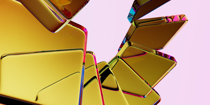 Abstract 3D Render of Spiral Stack of Glossy Golden and Yellow Geometric Metallic Slabs with Rainbow Iridescent Edges on Light Background