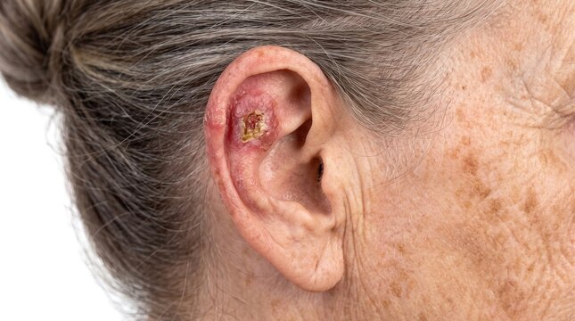 Close up shot of elderly woman ear showing basal cell carcinoma skin lesion