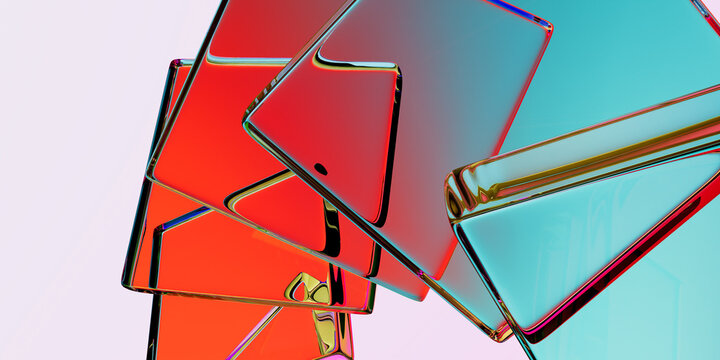 Abstract 3D Close-Up Macro Render of Overlapping Glossy Red, Orange, and Cyan Metallic Glass Slabs with Iridescent Rainbow Edges on Light Background