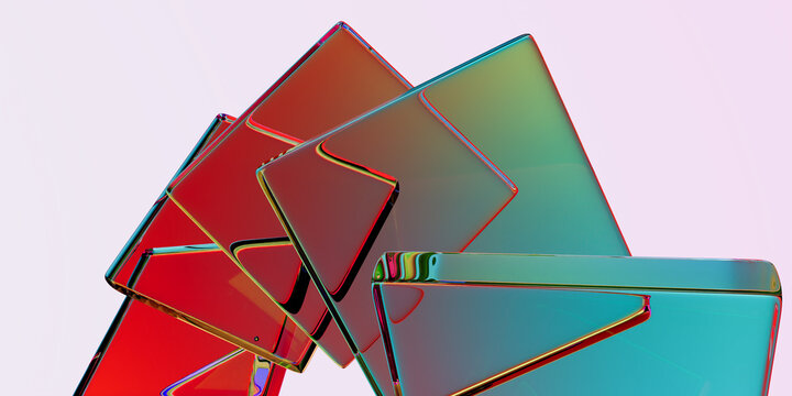 Abstract 3D Render of Intersecting Glossy Red, Orange, and Cyan Metallic Glass Slabs with Iridescent Rainbow Edges on Light Background