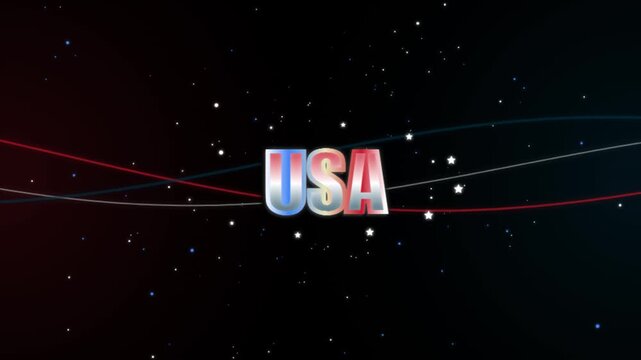 USA logo in three dimensions shines with metallic red, white, and blue textures amidst floating starry particles and orbiting neon lines over a dark black cosmic background.