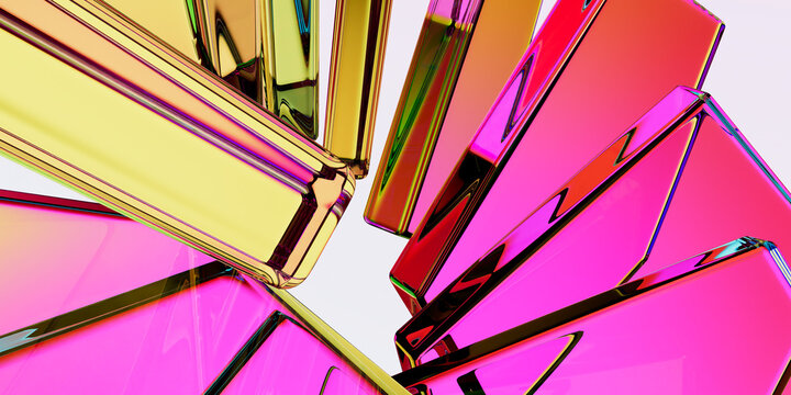 Abstract 3D Render of Dynamic Radial Pattern of Glossy Yellow and Pink Metallic Glass Slabs with Rainbow Iridescent Refractions on Light Background