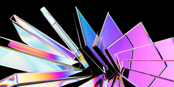 Abstract 3D Render of Dynamic Radial Spiral Pattern of Translucent Holographic Blue and Purple Glass Slabs with Rainbow Iridescent Edges on Black Background