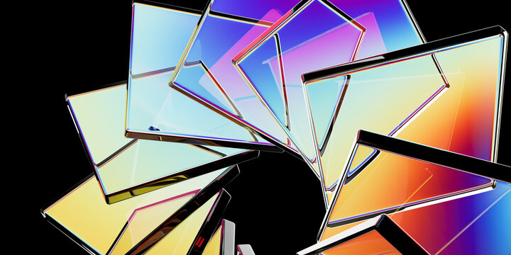 Abstract 3D Render of Circular Spiral Fan Arrangement of Translucent Holographic Iridescent Multicolored Glass Slabs on Black Background
