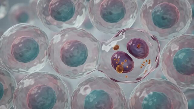 Cell division animation: abnormal cell splitting into two in a tissue, science concept