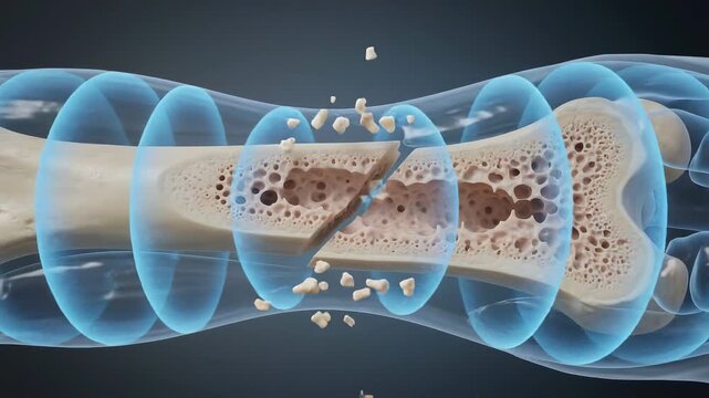 Medical animation of a bone fracture showing internal structure and bone fragments