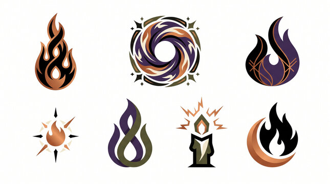 Mystical Flame Symbols and Dark Magic Halloween Icon Collection