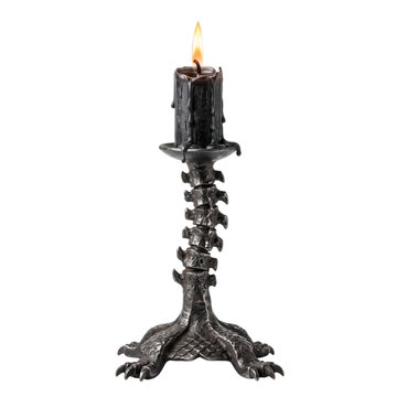 Gothic metallic spine shaped candlestick holder with burning black candle isolated on transparent background