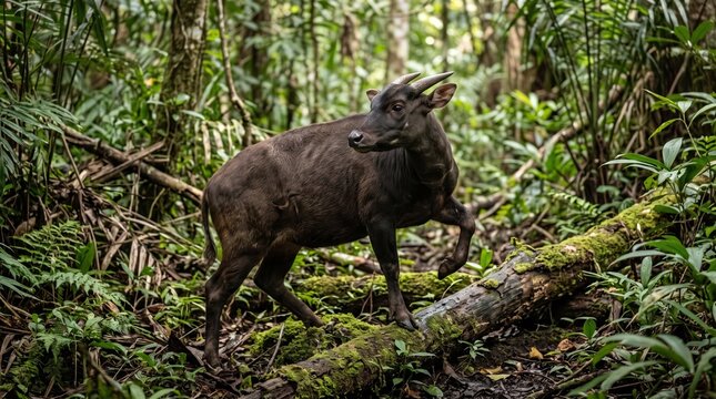 Rare Lowland Anoa in Dynamic Pose in Tropical Rainforest