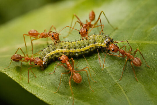 Weaver Ants Attacking Caterpillar On Green Leaf In Natural Wildlife Scene During Hunting