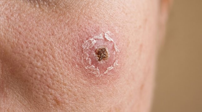 Close up of keratoacanthoma crateriform skin lesion with central keratin plug