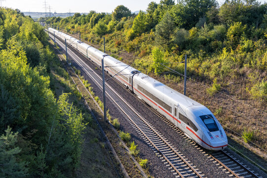 ICE 4 Siemens Deutsche Bahn DB high-speed train on railway line Mannheim-Stuttgart in Moeglingen, Germany