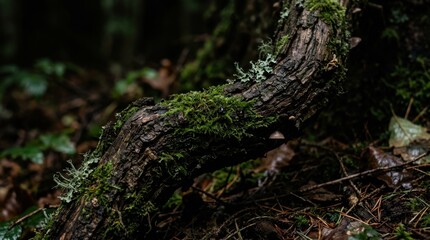Fototapeta premium Textured Bark of a Decaying Tree Trunk Covered in Lush Green Moss and Lichen in the Dark Woods